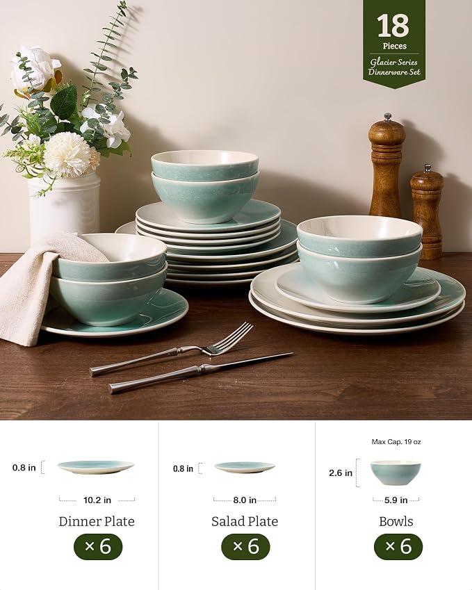 Famiware Glacier Stoneware Dinnerware Sets, 18-Piece Plates and Bowls Set for 6, Reactive Glaze Dishes, Everyday & Formal Use, Dishwasher/Microwave Safe, Chip/Scratch Resistant, Two-Color Glazed, Aqua