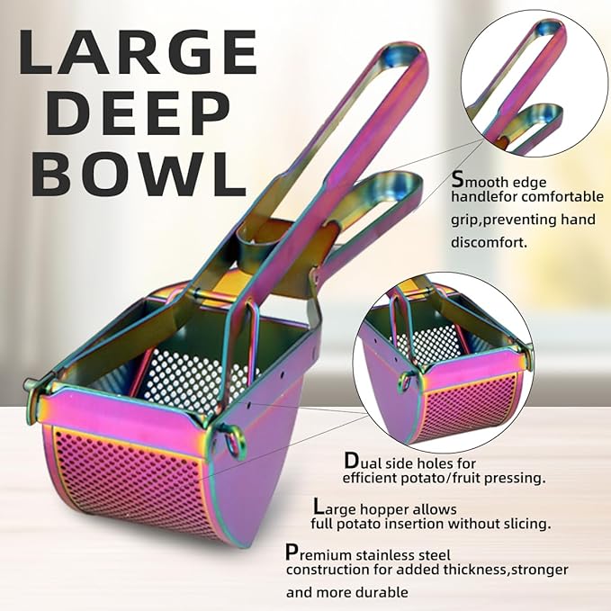 QRU Large Potato Ricer, Heavy Duty Stainless Steel Potato Masher for Commercial and Home Use, Fruit Press Baby Food Masher (Rainbow)