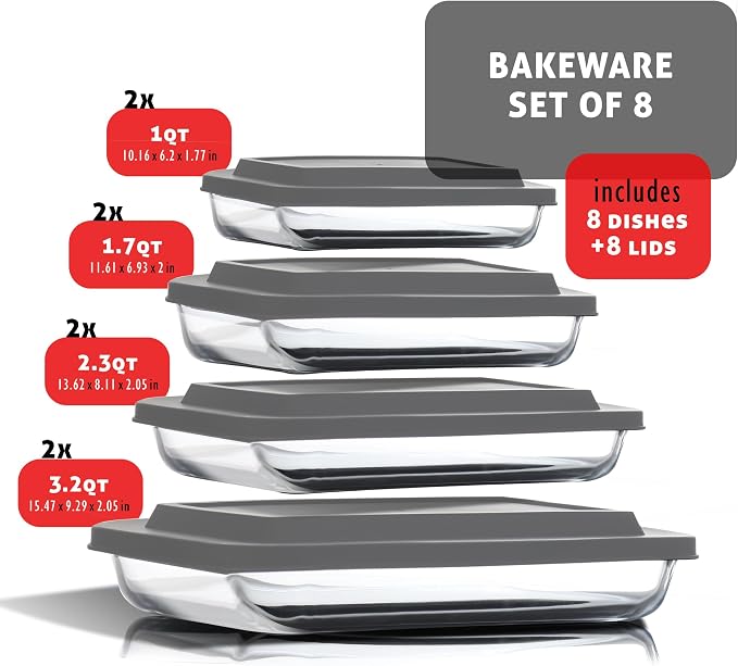 EATEX 16-Piece Deep Glass Casserole Dishes for Oven with Plastic lids, Rectangular Glass Baking Dish Set, Baking Pans for Lasagna, Leftovers, Cooking, Kitchen, Freezer-to-Oven and Dishwasher, Gray