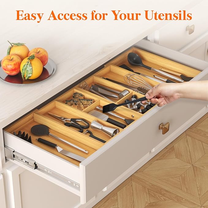Lifewit Expandable Utensil Organizer for Kitchen Drawer, Adjustable Cooking Silverware Tray, Plastic Cutlery Flatware Holder, Spatula Tools Gadgets Storage Divider, 21- 36 x 16", Bamboo, Natural