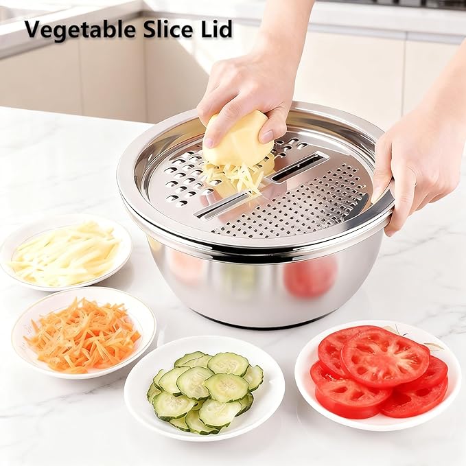 Stainless Steel Salad Spinner Large 5.29QT Spin Dry Salad Greens Fruit Washing Bowl with Strainer Vegetable Cleaner washer Lettuce Spinner with slicer and julienne cutter (TGJ-01-white2)