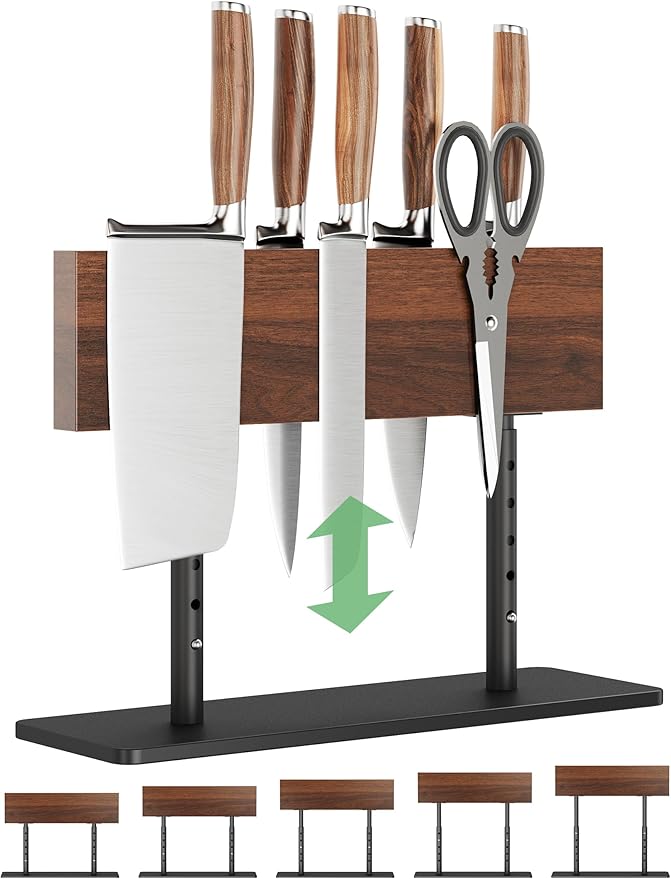 NiHome Magnetic Knife Holder, Adjustable Height (8.66–11.81") Acacia Wood Knife Block, Double-Sided Magnet Stand with Heavy Duty Metal Base, Non-Slip Organizer for Kitchen Countertop