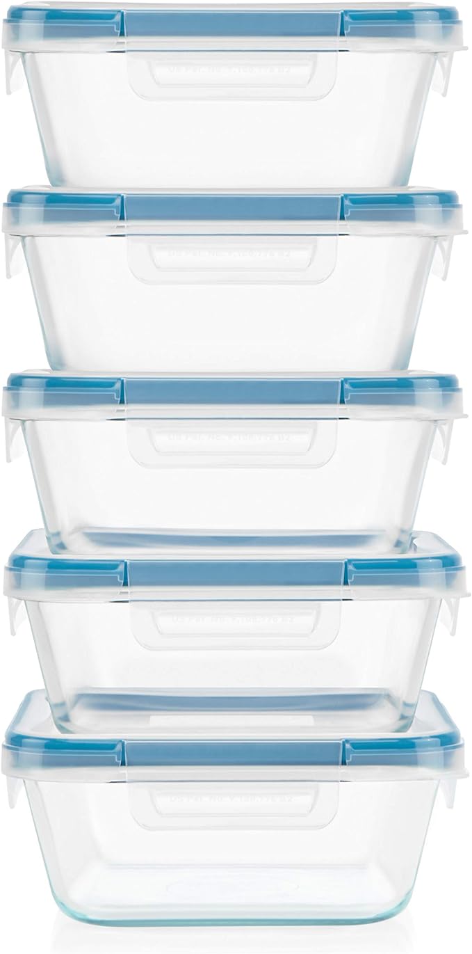 Snapware Glass Total Solutions (5-Pack, 4 Cup) Food Storage Containers Set, Airtight & Leakproof Plastic Locking BPA-Free Lids, Freezer Dishwasher Microwave Safe