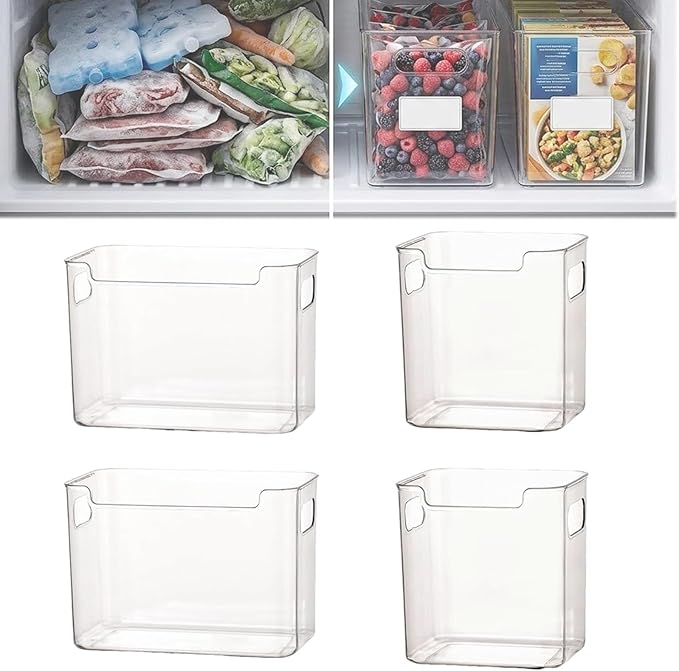 Crystal Clear Freezer Storage Bins, Stackable Fridge Organizer Bins with Handles, Clear Plastic Food Containers for Refrigerator and Pantry, Kitchen Organization for Meat & Veggies (Clear*4, S+L)