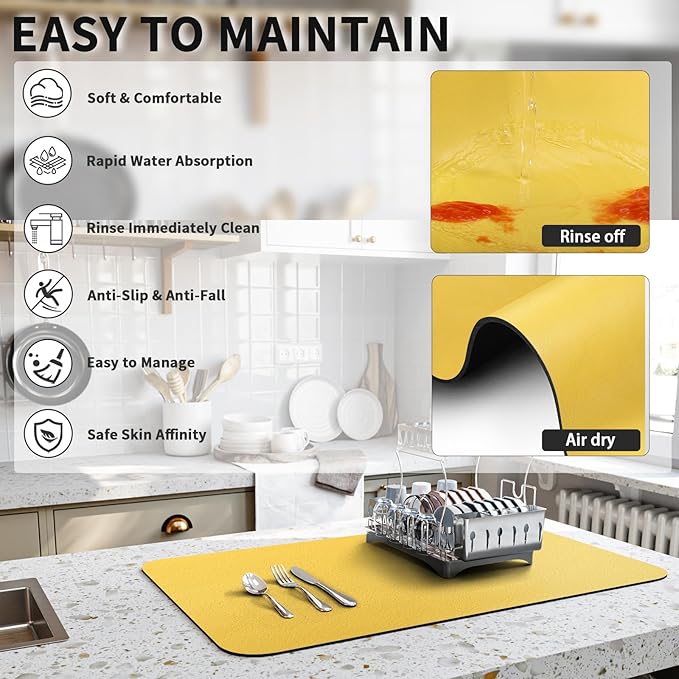 HotLive Dish Drying Mat for Kitchen Counter, Heat Resistant Drainer Mats with Non-slip Rubber Backed, Hide Stain Kitchen Super Absorbent Draining Mat, Easy to Clean Dish Rack Pad, Yellow 16"x20"