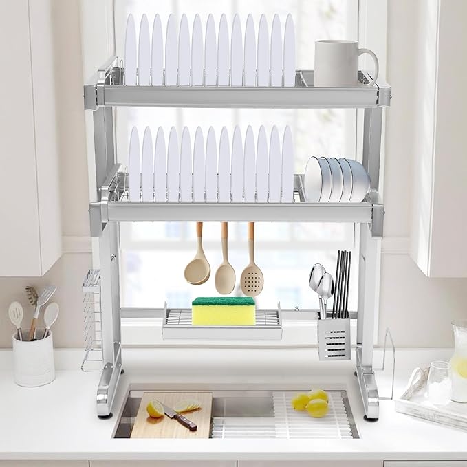 Over The Sink Dish Drying Rack 2 Tiers 11.42 x 30.12In Retractable Design Dish Drainers Drying Rack, Large Dish Rack for Home Kitchens