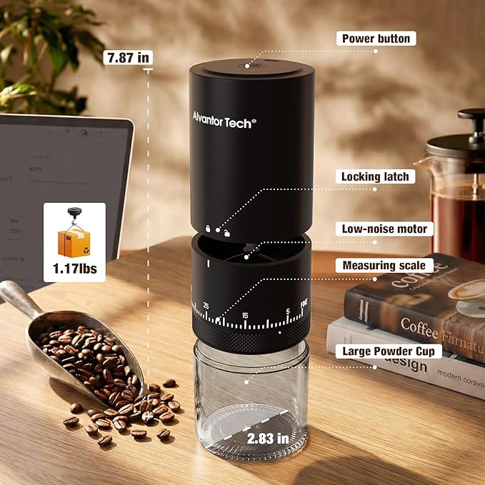 Portable Electric Burr Coffee Grinder, Cordless Rechargeable Coffee Grinder with Ceramic Conical Burr - Ultra Quiet <65dB, 38 Adjustable Settings, USB-C Travel Coffee Grinder for Camping Office Home