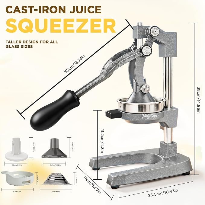 Cast Iron Juicer,Manual Juicer Hand Press,Orange Lemon Squeezer,Heavy Duty Manual Juicer,Professional Citrus Juicer Fruit Juice -Stainless Steel,Easy to Clean Grey