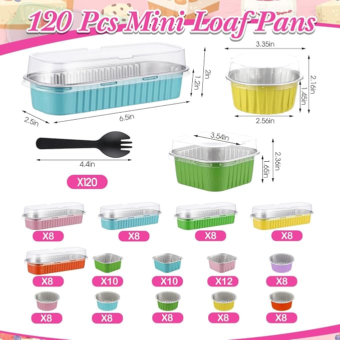 Blushtier 120 Set/240 Pcs Mini Loaf Pans with Lids and Spoons Disposable Mini Cake Pans, 6.8, 5, 4.2 oz Square Rectangle Round Aluminum Foil Cupcake Baking Cups Dessert Liners Tins for Desserts