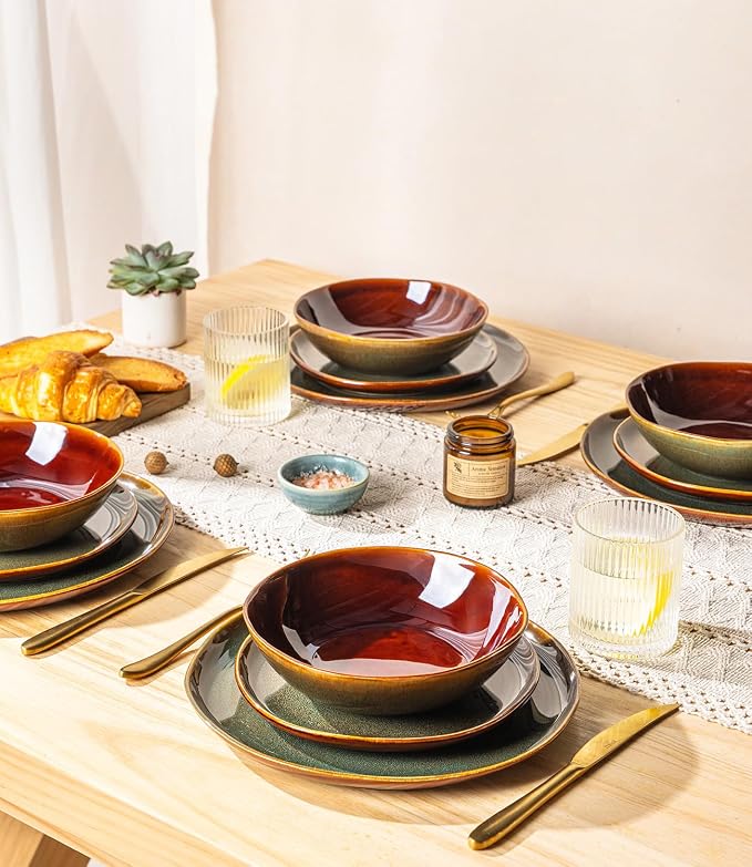 GBHOME Stoneware Dinnerware Sets for 4, 12 Pieces Rustic Earthenware Plates and Bowls Set, Handmade Reactive Glaze Ceramic Plate Sets, Chip Resistant Dishes, Microwave & Dishwasher Safe, Brown Green