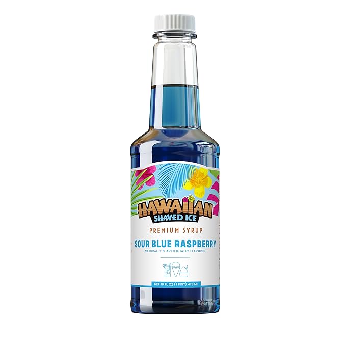 Hawaiian Shaved Ice Sour Blue Raspberry Syrup - Nut Soy Dairy Free - Flavor Fluffy & Crunchy Snow Cones - Shelf Stable - Makes 8 Servings - 16 ounces