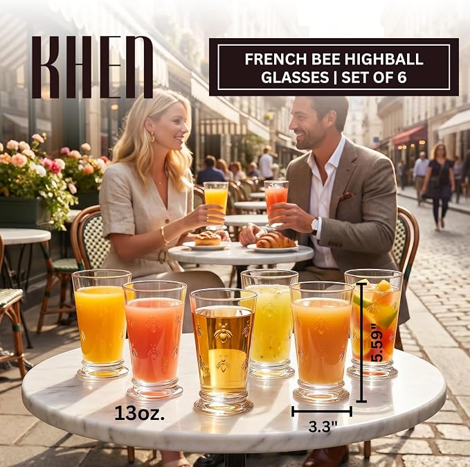 French Bee Highball Glasses | Set Of 6 | Clear Drinking Glass 13 OZ, Old Fashioned Glasses with Bees Embossed Design, Fine Crystal French Glassware, Drinking Glasses, Heavy Water & Juice Glasses Gift