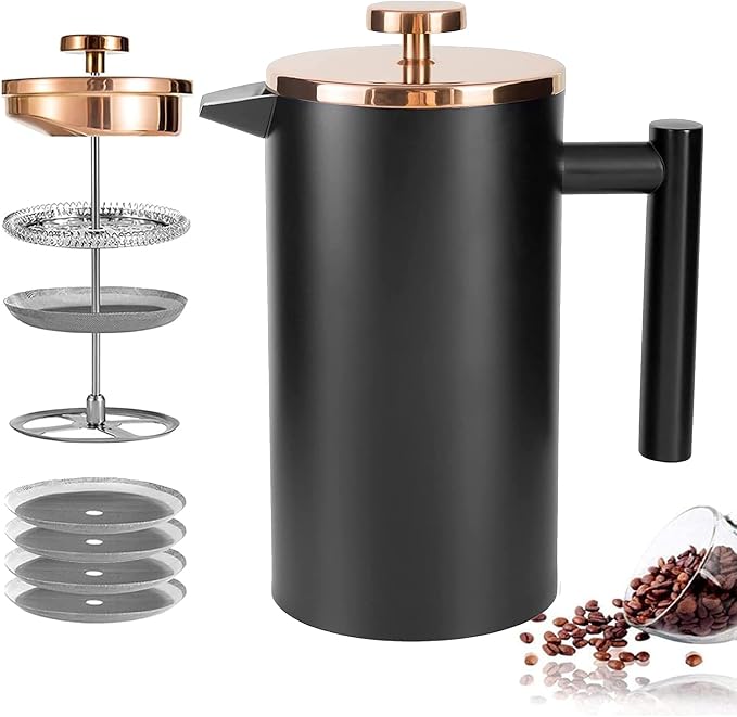Miuly French Press Coffee Maker, 21Oz Stainless Steel Coffee Press with 3 Level Filtration System, Double Wall Insulated French Press with 4 Filters and 1 Metal Spoon, Black