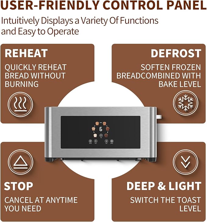 Touch Screen Toaster with Defrost & Removable Tray, 2 Slice Slim Toaster with Long Slot for White Bread, 6 Browning Levels, 1200W Compact Stainless Steel