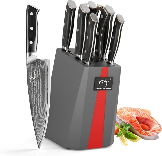 NANFANG BROTHERS Knife Set, 9 Pieces Damascus Kitchen Knife Set with Block, ABS Ergonomic Handle for Chef Knife Set, Knife Sharpener and Kitchen Shears, Knife Block Set
