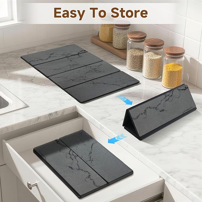 Large Stone Dish Drying Mat for Kitchen Counter,24"(L)×16"(W),Quick Dry Super Absorbent Drying Matt Kitchen Counter,Collapsible Diatomaceous Earth Dish Mats,for Dishes Bottles Cups,Any Countertop