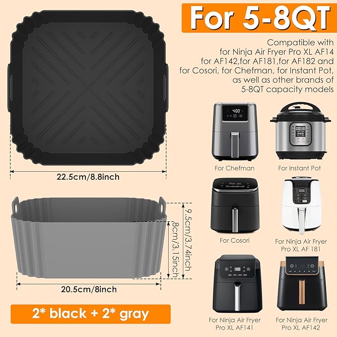 4 Pack Silicone for 5-8QT, 8 Inch Square Reusable Non-Stick Basket Inserts Fit for Air Fryer Pro XL AF141 AF142 AF181 AF182, Pot Oven Liner Baking Tray Air Fryer Accessories