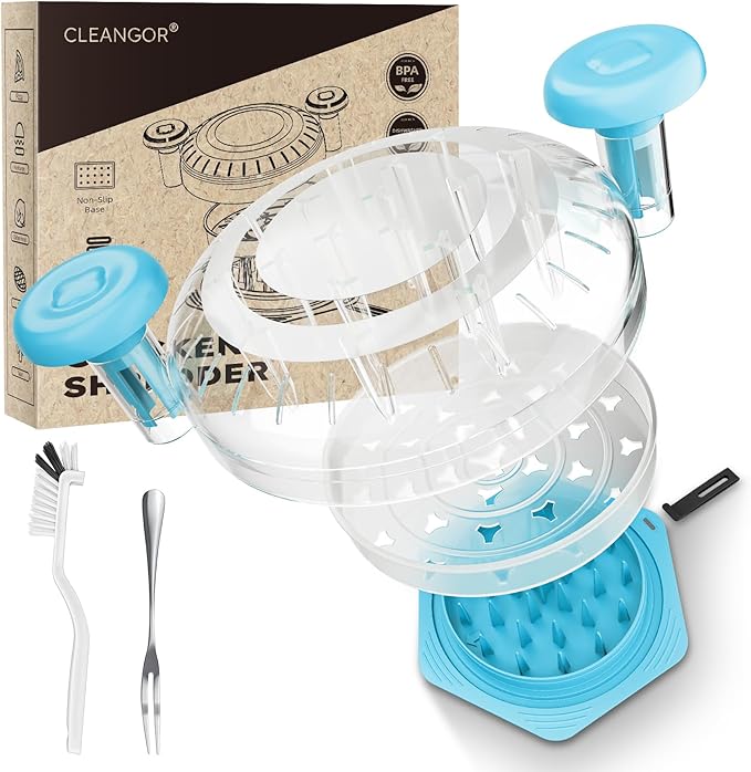Cleangor Chicken Breast Shredder Tool Twist Large, BPA Free Meat Shredder with Ergonomic Handle, Non-Slip Food Shredder Tool for Pork, Beef, Set of Chicken Shredder with Brush & Fork (1, Light Blue)