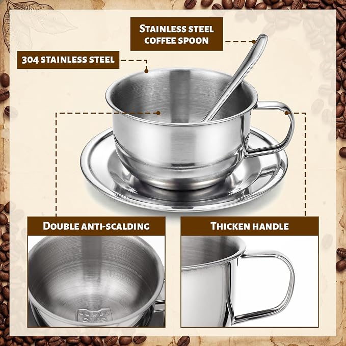 12 Pack Small Stainless Steel Espresso Cup Set, 6.8 oz Silver Tea Cups with Saucer and Spoon Double Wall Coffee Mugs with Handle for Cappuccino, Tea, Milk, Ideal Gift for Espresso Lovers