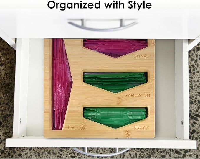 Cozee Bay Bamboo Bag Storage Organizer for Kitchen Drawer, Baggie organizer, Compatible with Gallon, Quart, Sandwich and Snack Variety Size Bags (Natural Bamboo)