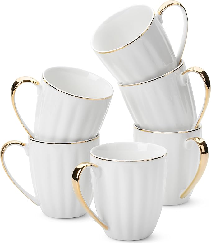 BTaT- White Porcelain Coffee Mug Set, 6 Pack, 12oz, Gold Trim Design | Elegant Coffee Mugs Home Office Tea Cappuccino Hot Beverage Serving Drinkware
