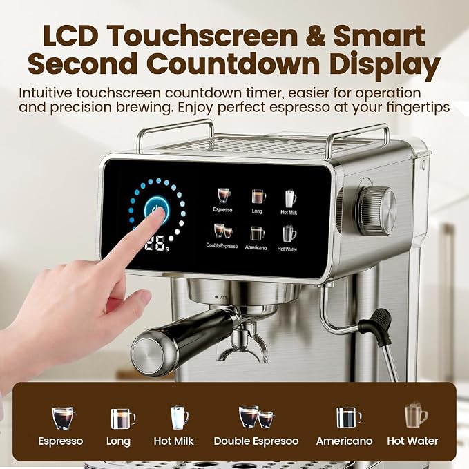 Touchscreen Espresso Machines with Timer 20 Bar Expresso Coffee Machines Professional Stainless Steel Coffee Maker with 51oz Water Tank for Latte Americano, Cappuccino Machine for Home Office