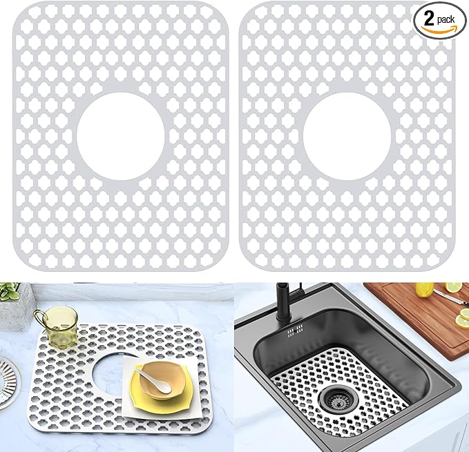 Silicone Sink Protector for Kitchen Bathroom Sink, 2 Pack 13.58"x 11.6" Heat-resistant Mat, Non-Slip and Durable Silicone Protectors, Center Drain (White)