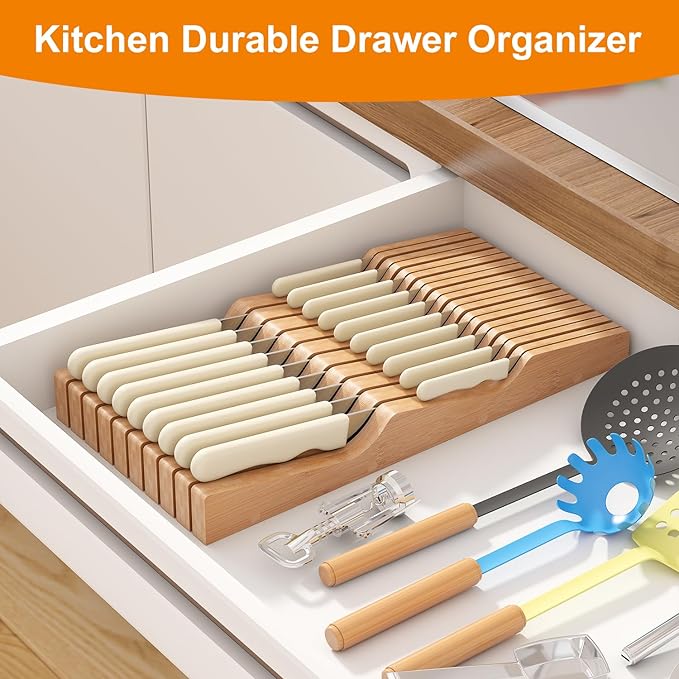 In-Drawer Knife Block Organizer - Bamboo Wood Drawer Knife Organizer-Protecting Knife Organizer Block (Not Included) (Natural, 19 Knives Dock)