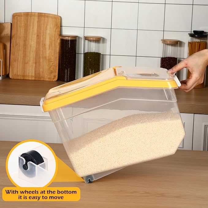 Sunnyray 4 Pcs Rice Storage Container 28 lb Airtight Flour Container with Wheels Measuring Cup Clear Pet Dog Birds Cat Food Bin Grain Cereal Organizer Box for Dry Baking Supplies(Yellow Lid)