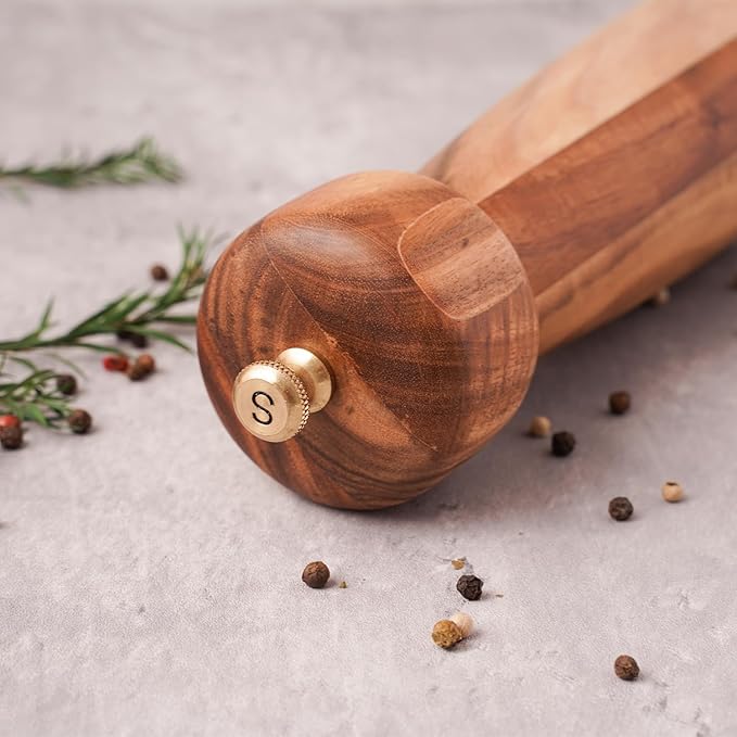 Salt Mill, Salt or Pepper Grinder with Adjustable Ceramic Grinding Core, Spice mill for Pepper and Salt, Acacia Wood, 8 inch/20.5 cm Height, Bottom DIA: 2.36 inch/6 cm(Tray is NOT Included)