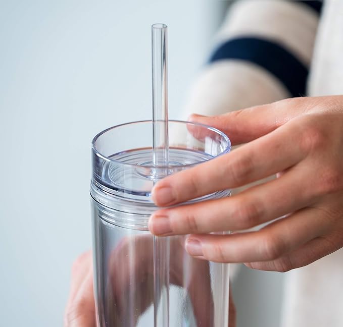 STRATA CUPS 24 Clear Skinny Tumblers with Lids and Straws | 16oz Reusable Cup Double-Wall Clear Tumbler with Lid and Straw, Durable Acrylic Tumblers With FREE Straw Cleaner & Name Tags