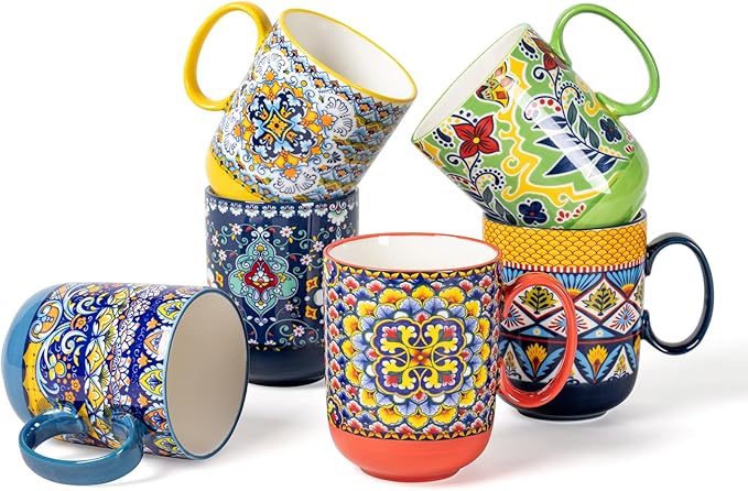 HENXFEN LEAD Boho Ceramic Coffee Mugs Set of 6, 14 oz Colorful Cups for Tea, Latte & Hot Chocolate – Microwave & Dishwasher Safe