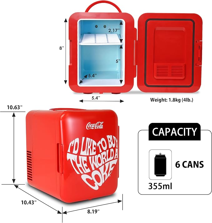 Coca-Cola World 1971 Series Mini Fridge, 6-Can Portable AC/DC Thermoelectric Cooler & Warmer, 4L Compact Dorm Fridge for Skincare, Cosmetics, Snacks, Beverages, Car, Boat, RV, Office Desk