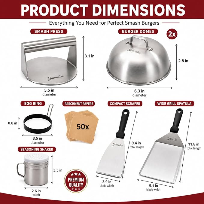 Gamalou® 7 Pcs Smash Burger Press Kit: Stainless Steel Burger Smasher, 6x5" Spatula, 4" Scraper, 2 Melting Domes, Seasoning Shaker, Egg Ring, Griddle Accessories for Blackstone, Grill, Frying Pan