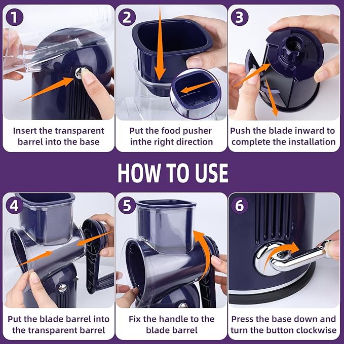 Rotary Cheese Grater with Handle, Vegetable Shredder with 5 Replaceable Blades & Strong Suction Base, Round Food Slicer & Chopper for Kitchen Fruit Vegetables Nuts with Blade Storage Box (Purple)