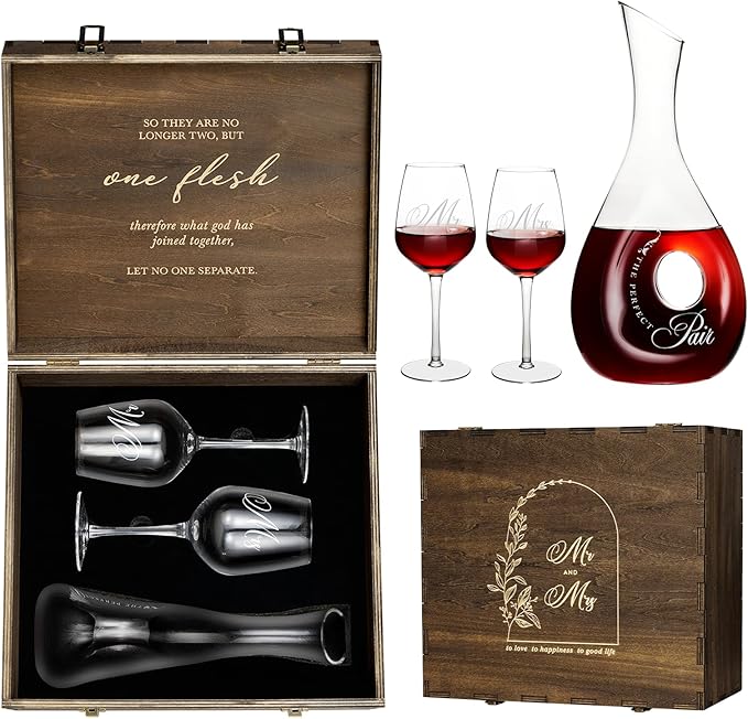 AW BRIDAL Wedding Gifts for Couples 2026, Mr and Mrs Wine Glasses and Decanter Set with Wood Box, Engagement Gift for Newly Engaged Couple, Bride and Groom Gift for Bridal Shower, Anniversary