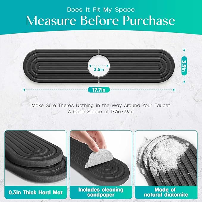 Stone Faucet Mat for Kitchen Sink – Diatomite Fast-Drying Stone Tray, Faucet Mat Sink Splash Guard, Decorative Sink Protector for Kitchen Bathroom Counter [Dark Gray, 17.7''x3.9'']