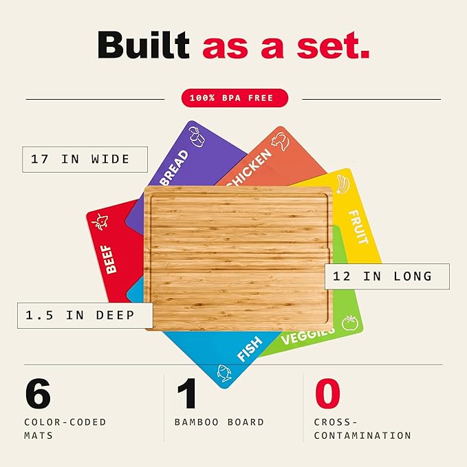 Bamboo Cutting Board Set with 6 Color Coded Flexible Mats Food Icons, BPA-Free Non Slip Easy Clean Cutting Boards for Kitchen with Holder, Dishwasher Safe, Meal Prep & Serving, Large | Cooler Kitchen