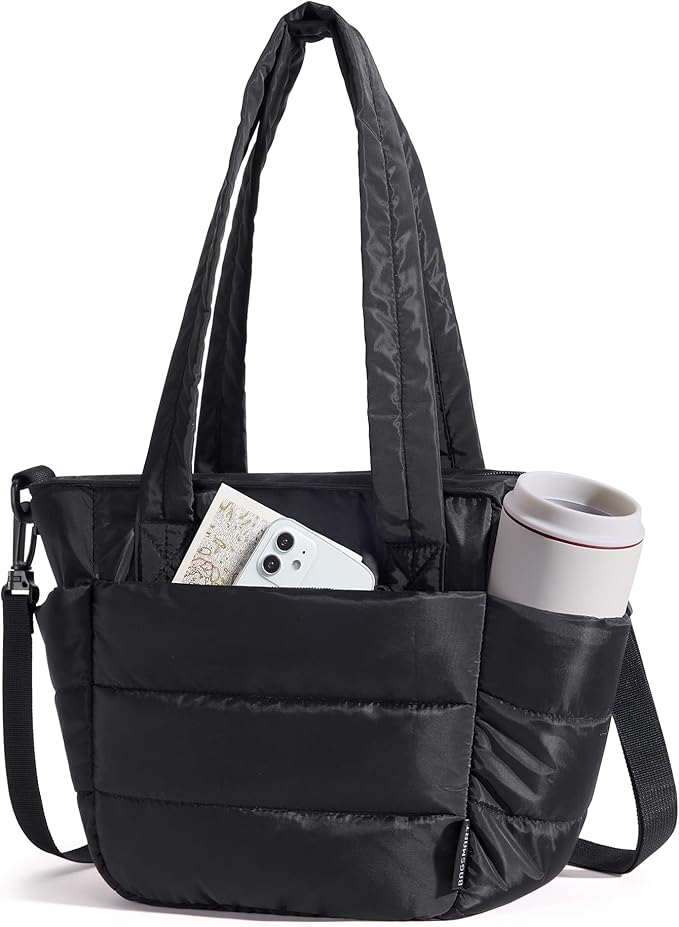 BAGSMART Lunch Bag Women Small Insulated Tote with Lunch Compartment Quilted Lightweight Puffy Tote Bag for Work, Travel, Outdoor, Black
