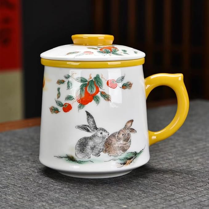 1set Ceramic Tea Cup 3 in 1 Porcelain Tea Mug with Infuser/Lid/Handle Large Bone Mug 0.11gal/415ml Rabbit Pattern Tea Cup Gift Sets for Women Personal Coffee Mugs Office/Home-TC350