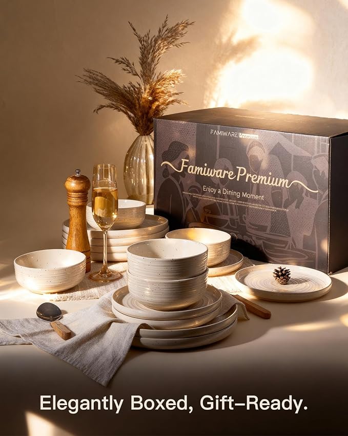 24-Piece Reactive Glaze Stoneware Dinnerware Sets for 8 - Coupe Plates & Bowls with Speckles & Spirals - Chip & Scratch Resistant, Microwave & Dishwasher Safe - Gift Box, Shell Beige