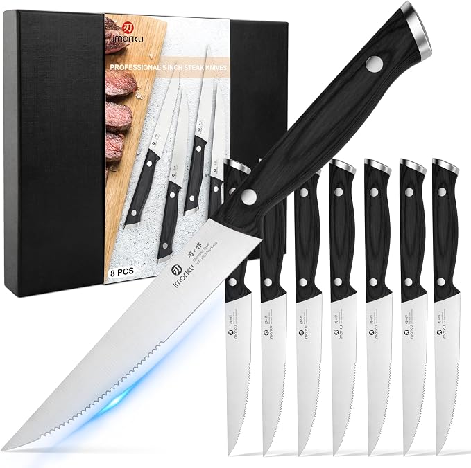 imarku Japanese Steak Knives, Steak Knives Set of 8,Stainless Steel Serrated Steak Knife,Steak Knife with Pakkawood Ergonomic Handle,Gift for Men and Women