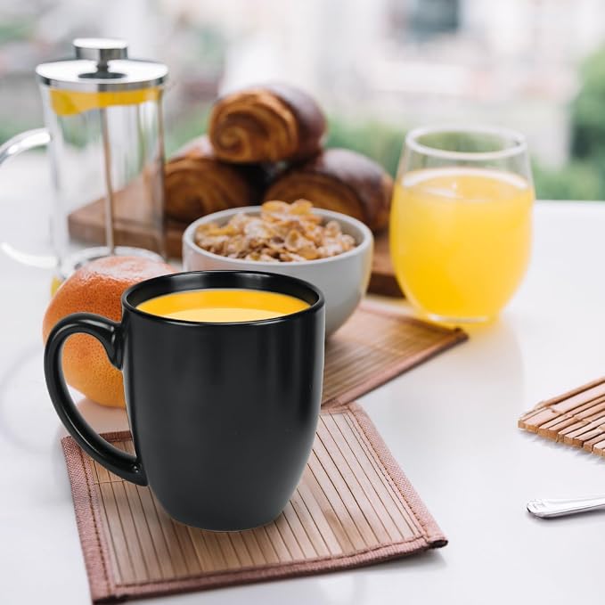 16 OZ Black Stoneware Mugs Set of 6, Large Ceramic Coffee Cups with Handle, Porcelain Mugs for Latte, Milk, Tea and Juice