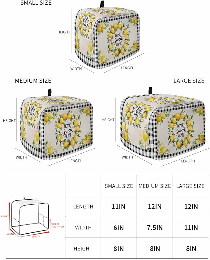 Summer Lemon Toaster Cover 2 Slice, Farmhouse Black Check Dustproof Bakeware Oven Protector with Top Hook, Plaid Vintage Waterproof Small Kitchen Appliance Toasters Dust Cover, 12"x7.5"x8"