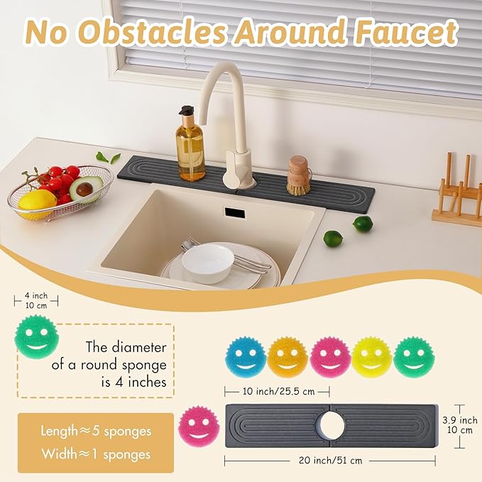 Diatomite Sink Mat around Faucet, Instant Dry Stone Sink Tray Cleaning Tools Holder Prevents Moisture Buildup, Sink Splash Guard for Bathroom Laundry Counter, Elegance Stylish Birthday Gift, Dark Gray