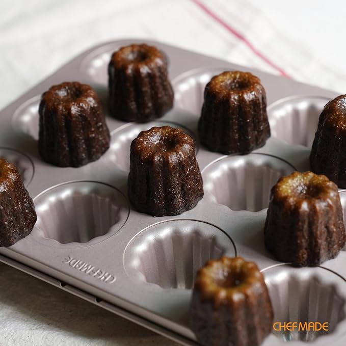 CHEFMADE Mini Canele Mold Cake Pan, 12-Cavity Non-Stick Mini Canele Muffin Bakeware Cupcake Pan for Oven Baking (Champagne Gold)