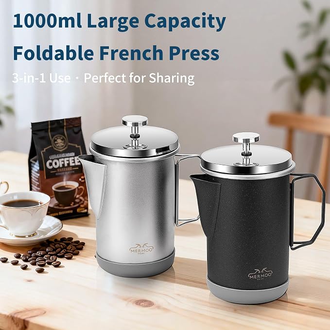 MERMOO YILAN Stainless Steel French Press with Folding Handle 32oz Silver | for 4-6 Cups|Also a Milk Frother& Tea Maker|Non-slip Silicone Base|Compact Size for Camping, Travel, Backpacking,RV