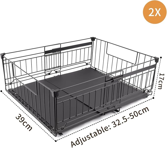 Expandable Pull Out Cabinet Organiser, No Drill Adhesive Slide Out Kitchen Drawer Shelf Durable Metal for Under Sink, Cupboard, Pantry, Adjustable Width (12.8"-19.7") (Style B Black, 2 Pack)