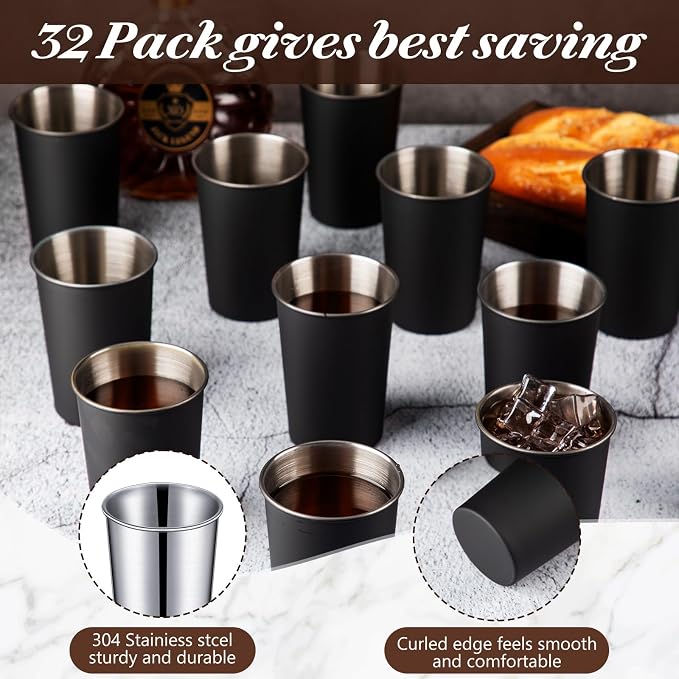 Uiifan 32 Pcs 12 oz Stainless Steel Cups for Adult Unbreakable Metal Stackable Camping Cup Stainless Steel Drinking Glasses Tumbler for Home Travel Outdoor Activities (Black)