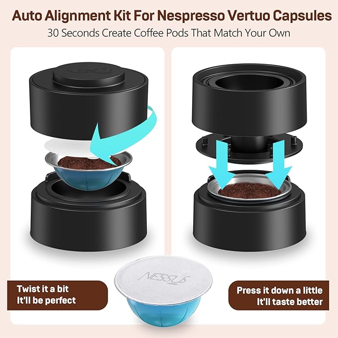 Nessus Reusable Vertuo Capsule Kit(100 Pcs Foil Seal Lids, Holder, Brush) + 200 Pcs Refilling Aluminum Foil Covers